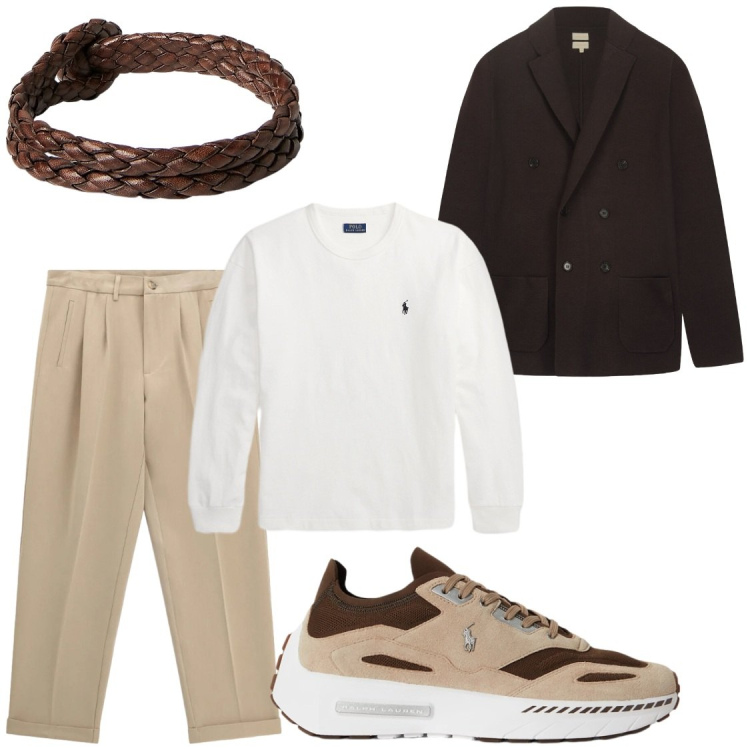 Outfit uomo - Serate di autunno spensierate. Stile Trendy per Serata speciale. Abbinamento con pantaloni, cardigans, braccialetti, t-shirt, sneakers.