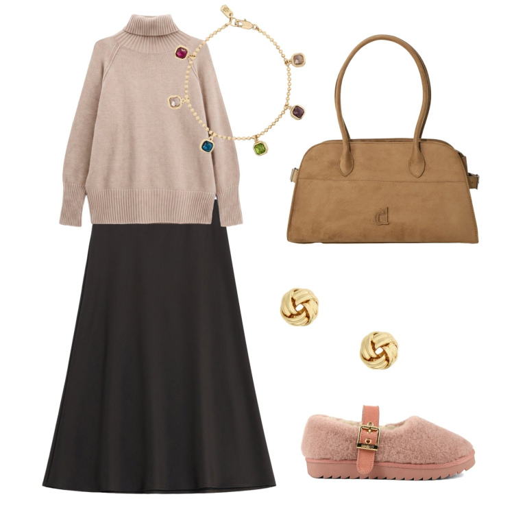 Outfit donna - Burro e cioccolato. Stile Casual chic per Tutti i giorni. Abbinamento con gonne longuette, pullovers, braccialetti, orecchini, borse a spalla, ballerine.