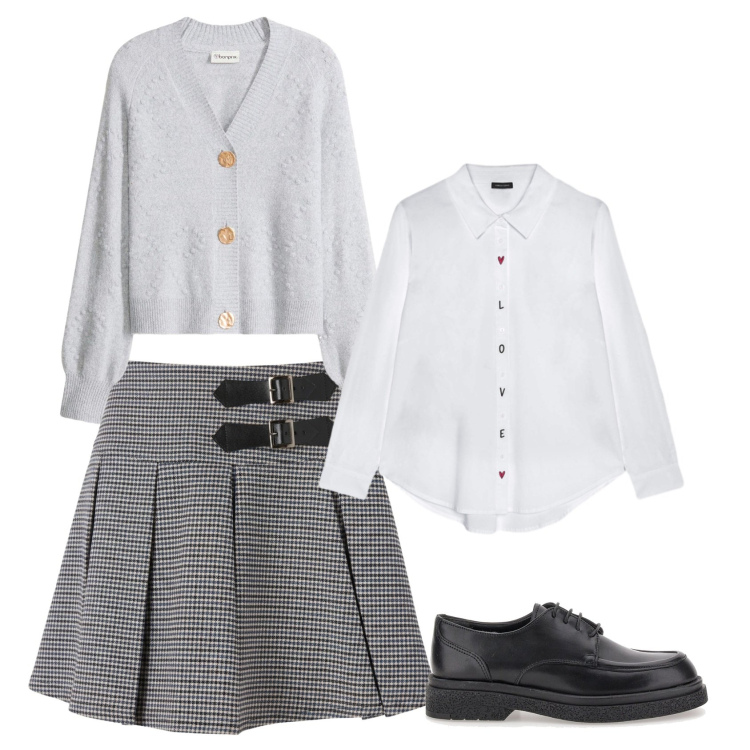Outfit donna - Preppy. Stile Preppy Abbinamento con cardigans, minigonne, camicie, scarpe stringate.