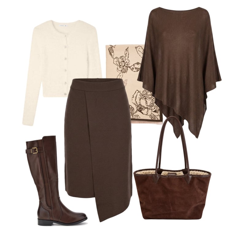 Outfit donna - Marrone Daily Glam. Stile Glamour per Tutti i giorni. Abbinamento con cardigans, gonne, shopping bag, cappotti, sciarpe, stivali sopra il ginocchio.