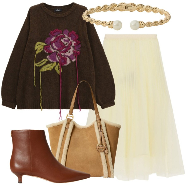Outfit donna - Ottobre d'effetto. Stile Sporty chic per Tutti i giorni. Abbinamento con gonne longuette, stivaletti, braccialetti, borse tote, maglieria.