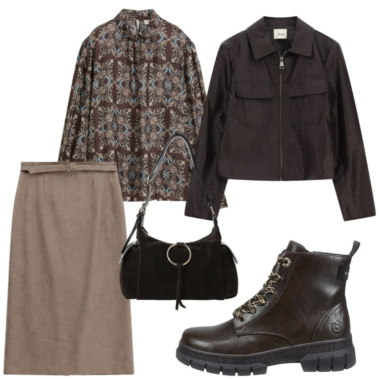 Outfit donna - Autumn. Stile Chic per Ufficio. Abbinamento con gonne longuette, borse a spalla, cappotti, anfibi, tuniche.