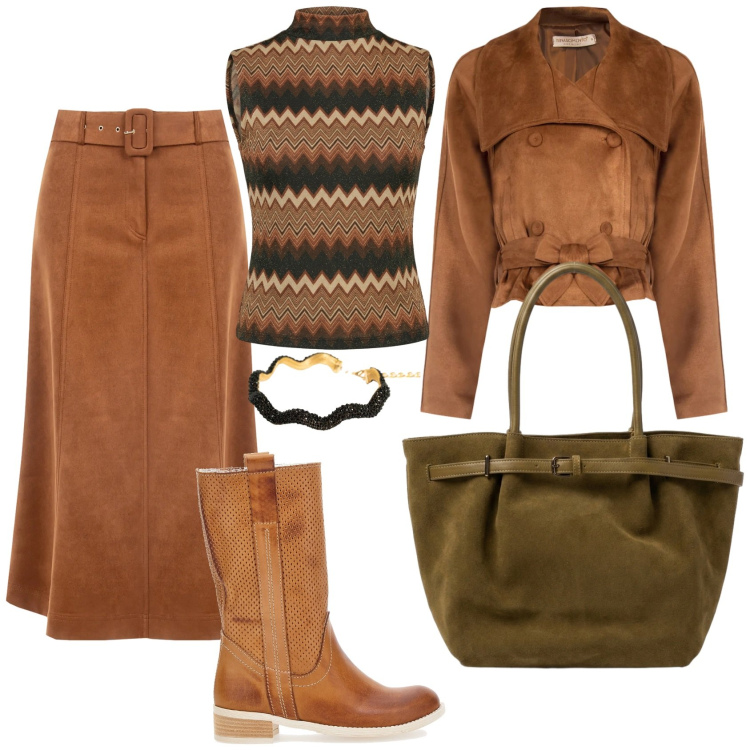 Outfit donna - Total look #2484101. Stile Casual per Ufficio. Abbinamento con gonne longuette, giacche, borse a spalla, collane, top, anfibi.