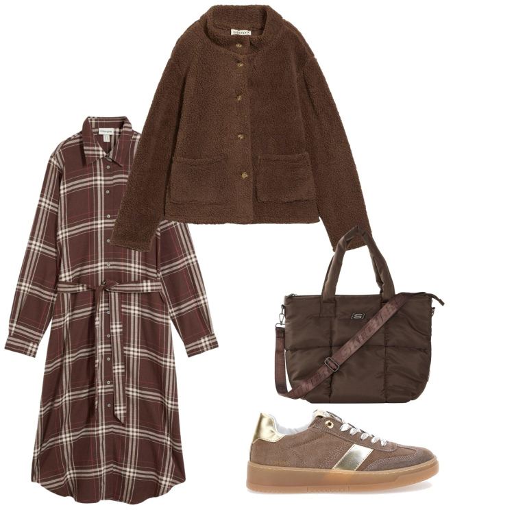 Outfit donna - Tempo di castagne. Stile Minimal per Tutti i giorni. Abbinamento con caban, vestiti chemisier, shopping bag, sneakers.