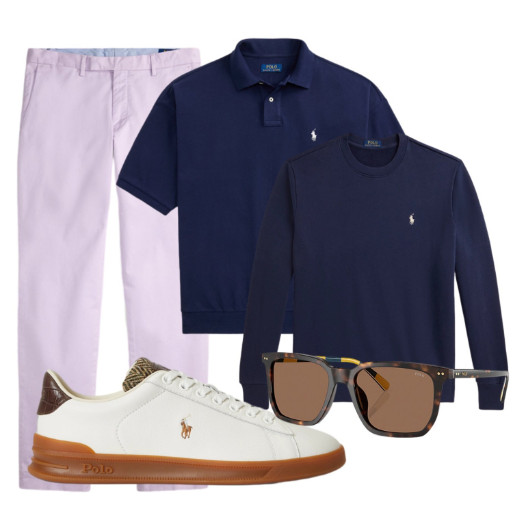 Outfit uomo - Aperitivo informale. Stile Casual per Tutti i giorni. Abbinamento con occhiali da sole, pantaloni, polo, sneakers, felpe.