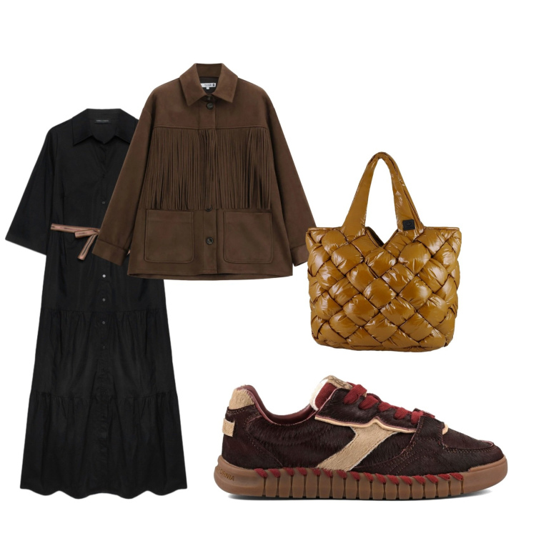 Outfit donna - Primi freddi. Stile Casual per Tutti i giorni. Abbinamento con vestiti chemisier, cappotti, borse tote, sneakers.