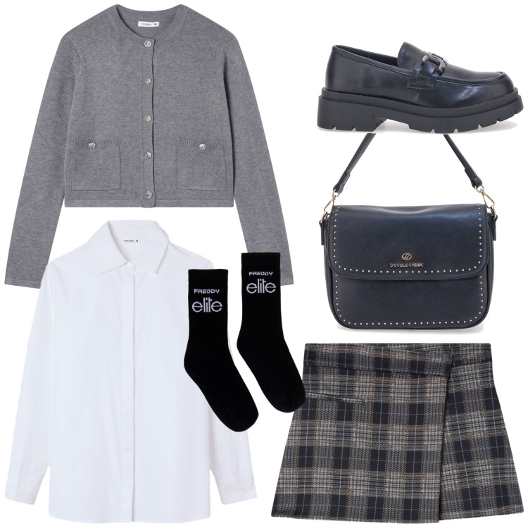 Outfit donna - Preppy style. Stile Preppy per Scuola/Università. Abbinamento con cardigans, minigonne, camicie, calzini, borse a tracolla, mocassini.