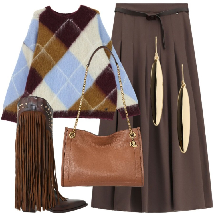 Outfit donna - Comodamente fashion. Stile Trendy per Tutti i giorni. Abbinamento con orecchini, borse tote, stivaletti texani, gonne lunghe, maglieria.
