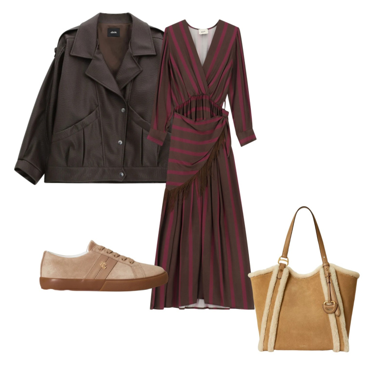Outfit donna - Autunno. Stile Casual per Tutti i giorni. Abbinamento con giacche, vestiti lunghi, sneakers, borse tote.