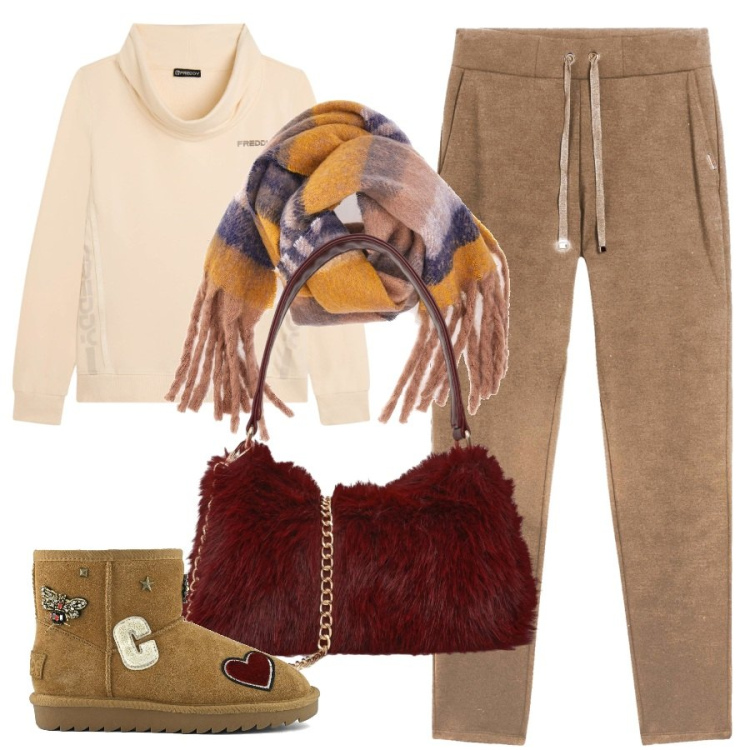 Outfit donna - Un caffé con le amiche. Stile Casual per Tutti i giorni. Abbinamento con borse a spalla, pantaloni, felpe, sciarpe, stivali.