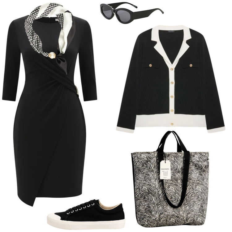 Outfit donna - Bilancia. Stile Casual chic per Tutti i giorni. Abbinamento con occhiali da sole, vestiti asimmetrici, borse tote, cardigans, sneakers, foulard.