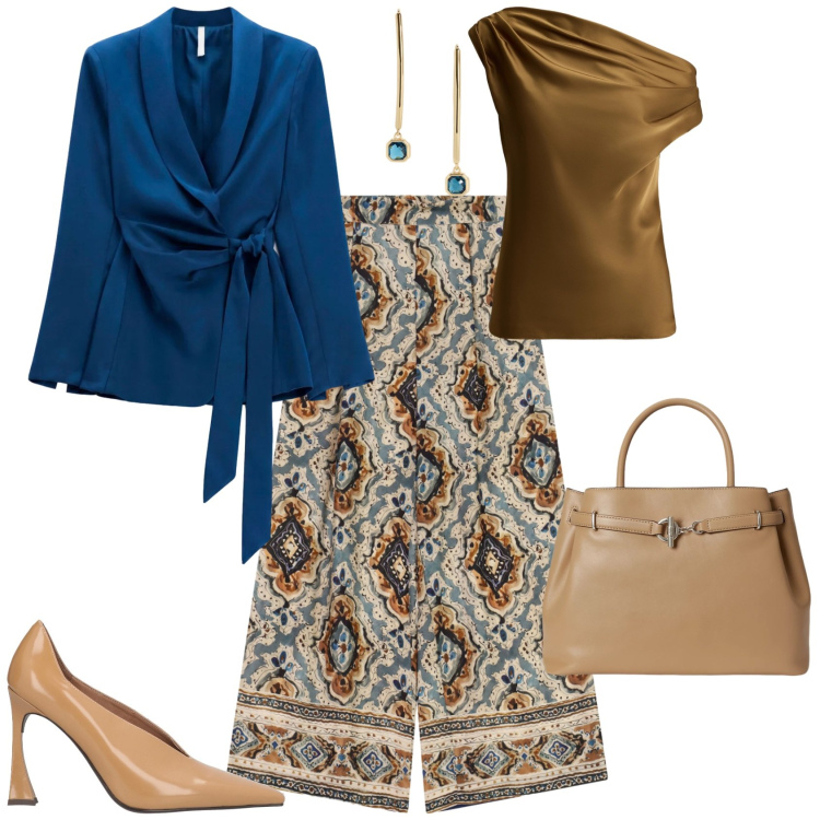 Outfit donna - Chic serata autunnale. Stile Chic per Serata fuori. Abbinamento con blazer, borse a mano, orecchini, top, pantaloni a palazzo, décolleté.