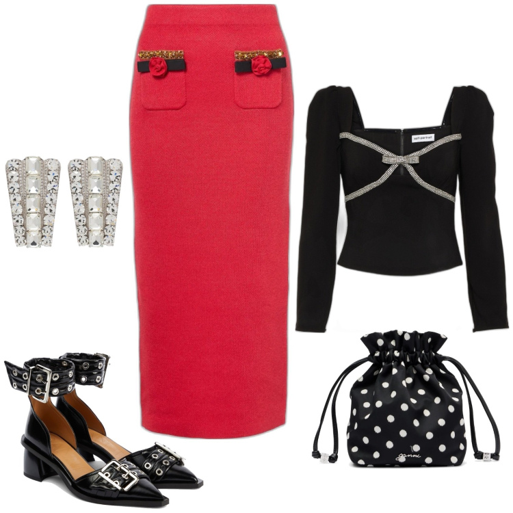 Outfit femme - Self Portrait. Style Vintage rétro pour Cérémonie. Assortir avec pochette, boucles d'oreilles, jupes au genou, hauts, chaussures à talon.