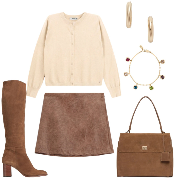 Outfit donna - Bilancia. Stile Casual chic per Serata fuori. Abbinamento con stivali, cardigans, minigonne, borse a mano, orecchini, braccialetti.