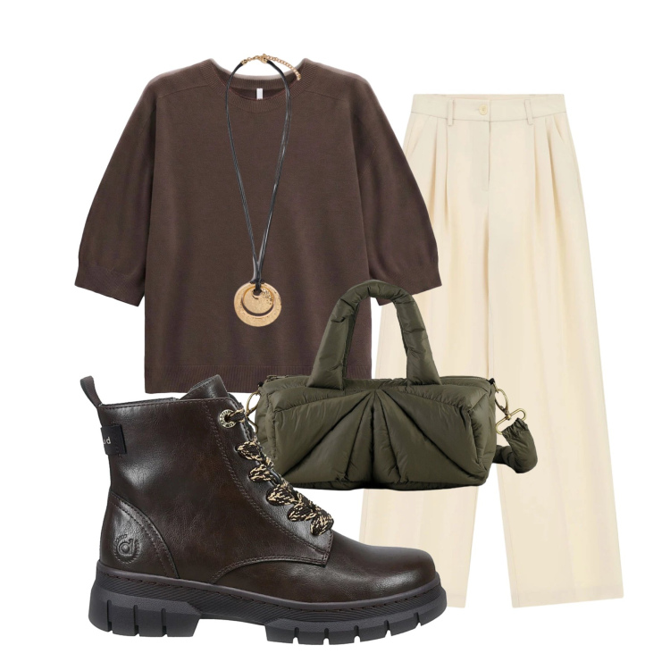 Outfit donna - Rich Espresso & Cream Warmth. Stile Glamour per Tutti i giorni. Abbinamento con ciondoli, pantaloni a palazzo, maglieria, borse a mano, anfibi.