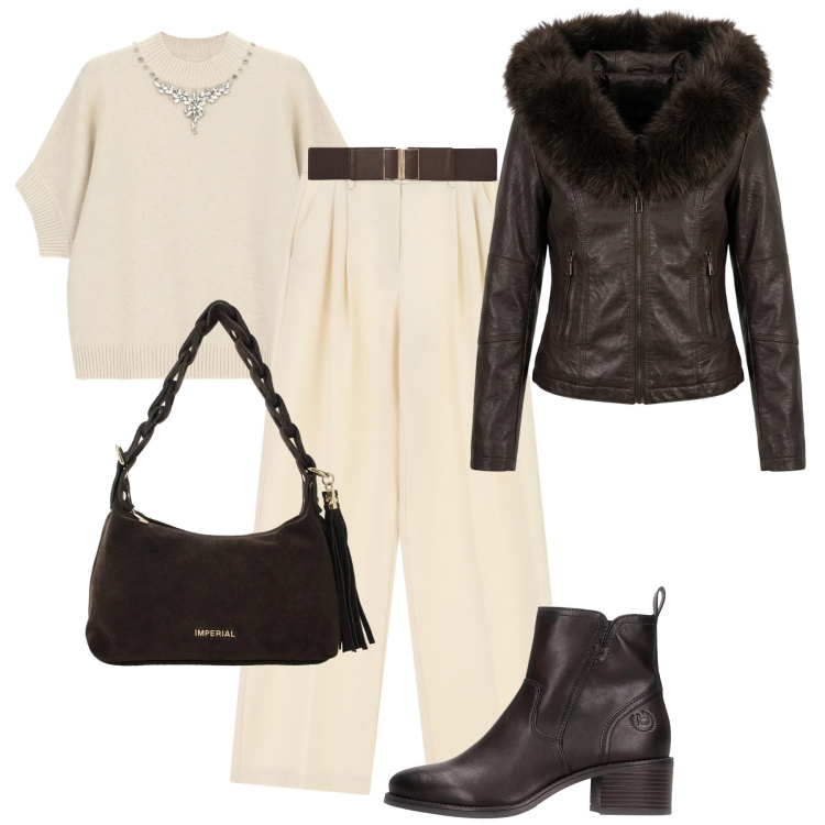 Outfit donna - Rich Espresso & Cream Warmth. Stile Trendy per Tutti i giorni. Abbinamento con pantaloni a palazzo, borse a spalla, maglieria, giacche, cinture, stivaletti.