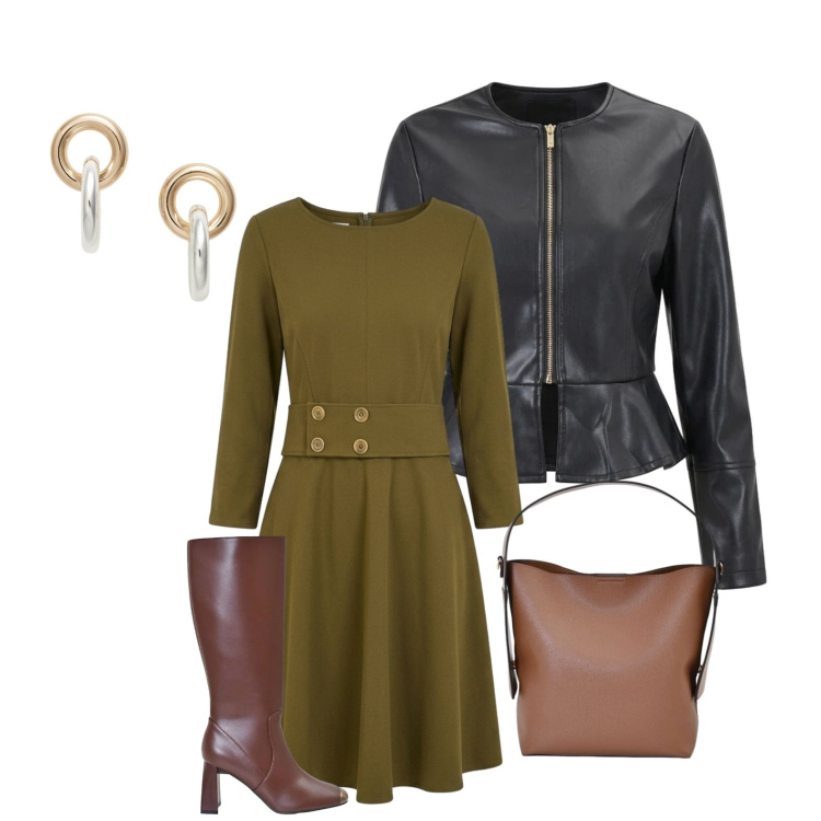 Outfit donna - Total look #2484124. Stile Chic per Serata fuori. Abbinamento con orecchini, vestiti corti, giacche, borse a mano, stivali sopra il ginocchio.