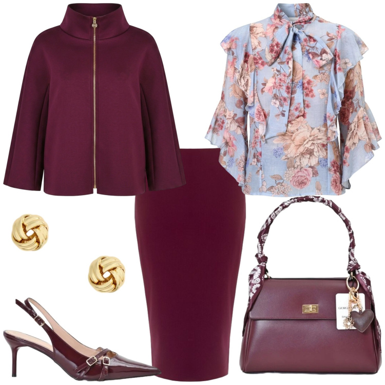 Outfit donna - Invito d\'autunno-Pranzo della domenica. Stile Romantica per Tutti i giorni. Abbinamento con bluse, décolleté, gonne longuette, cappotti, borse a mano, orecchini.