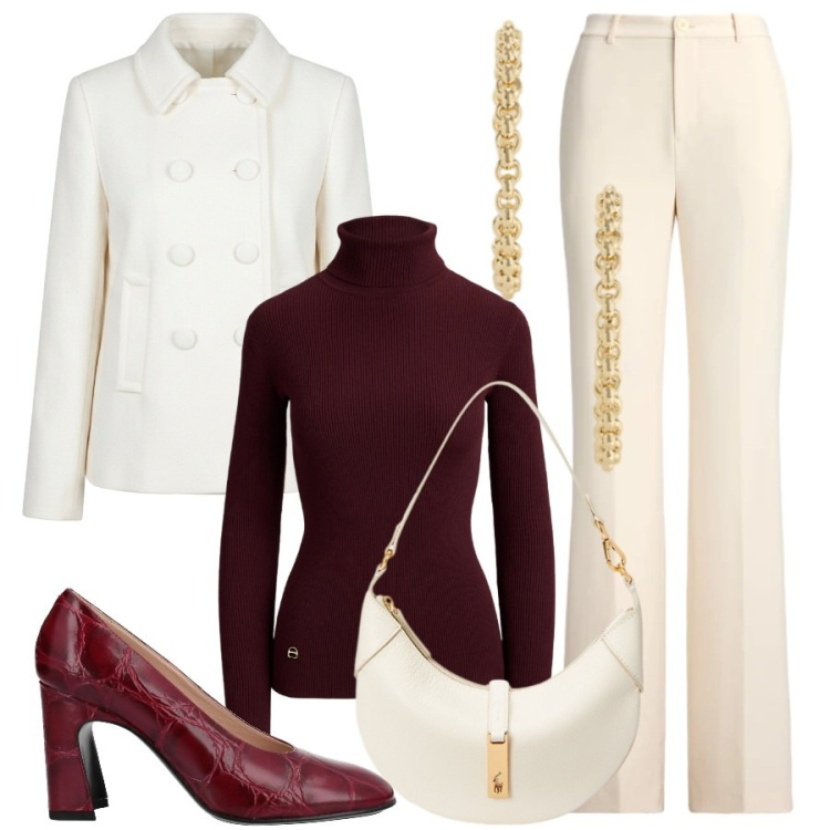 Outfit donna - Di gran classe. Stile Sporty chic per Ufficio. Abbinamento con décolleté, blazer, borse a spalla, pantaloni, pullovers, orecchini.