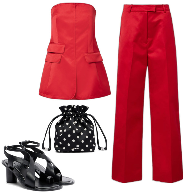 Outfit femme - Ensemble Satin rouge. Style Glamour pour Soirée dehors. Assortir avec sandales en cuir, pochette, pantalon large en bas, hauts.