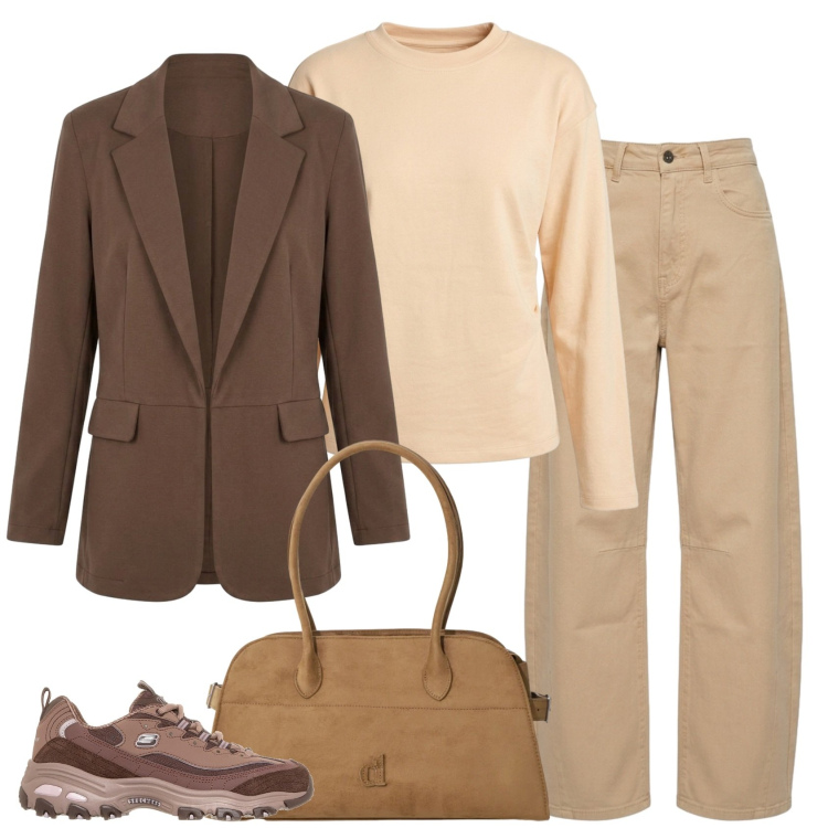 Outfit donna - Caldo ottobre. Stile Casual per Ufficio. Abbinamento con felpe, borse a spalla, jeans, blazer, sneakers.