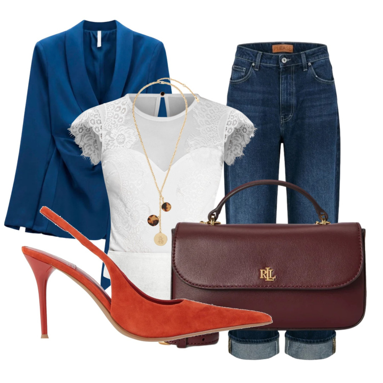Outfit donna - Aperitivo in galleria. Stile Trendy per Serata fuori. Abbinamento con blazer, jeans dritti, collane, borse a mano, top, décolleté.