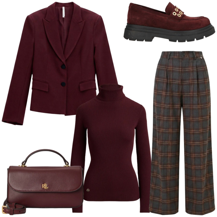 Outfit donna - Preppy girl. Stile Preppy per Scuola/Università. Abbinamento con mocassini, pantaloni a palazzo, blazer, borse a mano, pullovers.