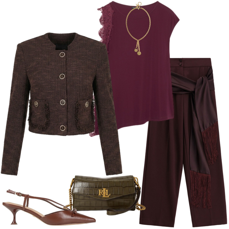 Outfit donna - Aperitivo in galleria. Stile Casual chic per Serata fuori. Abbinamento con décolleté, blazer, pantaloni a palazzo, top, portafogli, ciondoli.