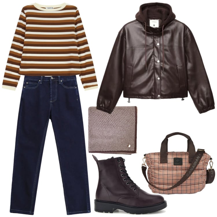 Outfit donna - Autumn vibes. Stile Casual per Tutti i giorni. Abbinamento con bomber, sciarpe, jeans slim fit, t-shirt, borse tote, anfibi.