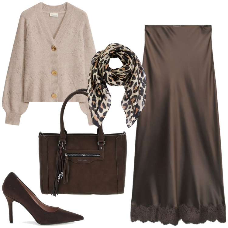 Outfit donna - Mix & match autunnale. Stile Chic per Tutti i giorni. Abbinamento con foulard, cardigans, gonne lunghe, décolleté, borse a spalla.