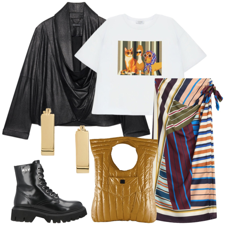 Outfit donna - Total look #2484145. Stile Trendy per Tutti i giorni. Abbinamento con gonne lunghe, blazer, t-shirt, orecchini, borse a mano, anfibi.