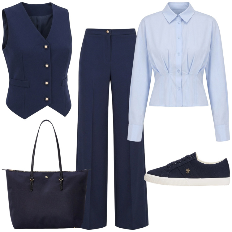 Outfit donna - Invito d\'autunno - Mannish. Stile Mannish per Tutti i giorni. Abbinamento con camicie, gilet, pantaloni a palazzo, borse tote, sneakers.