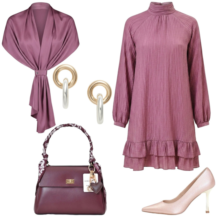 Outfit donna - Invito d\'autunno - Il battesimo. Stile Romantica per Cerimonia. Abbinamento con stole, décolleté, vestiti corti, borse a mano, orecchini.
