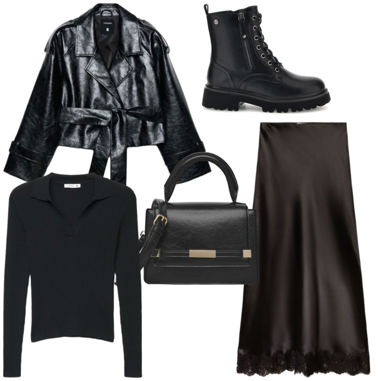 Outfit donna - Mix & match di tendenza. Stile Trendy per Tutti i giorni. Abbinamento con gonne lunghe, borse a tracolla, trench, maglieria, anfibi.
