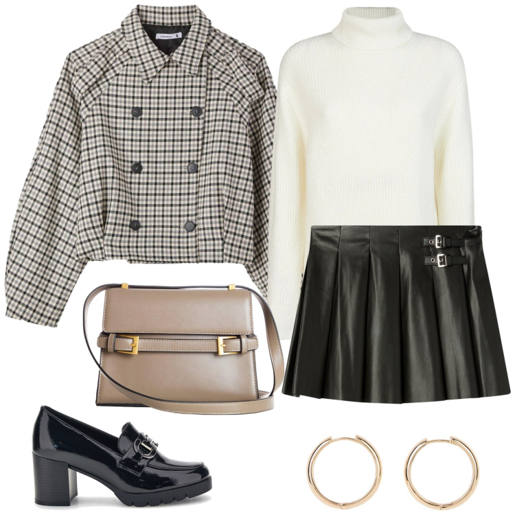 Outfit donna - Total look #2484153. Stile Preppy per Tutti i giorni. Abbinamento con maglieria, caban, minigonne, mocassini, orecchini, borse a tracolla.