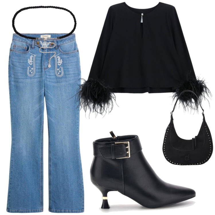 Outfit donna - Mix and match. Stile Casual chic per Serata fuori. Abbinamento con jeans bootcut, bluse, borse a spalla, cinture, stivaletti.