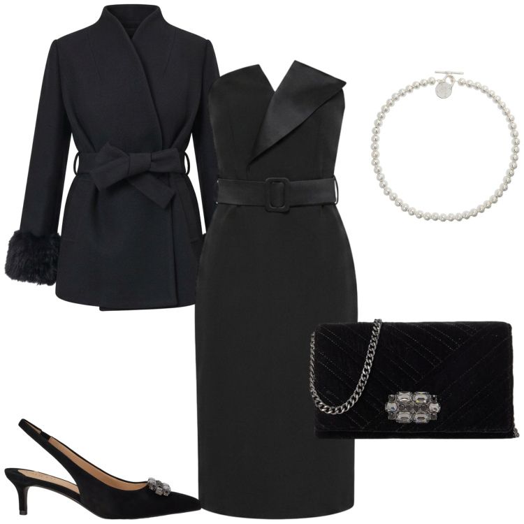 Outfit donna - Invito d'autunno - L'evento serale. Stile Chic per Serata fuori. Abbinamento con collane, borse a tracolla, décolleté, vestiti asimmetrici, cappotti.