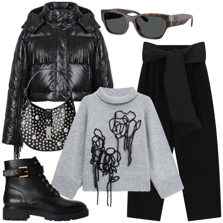 Outfit donna - Università. Stile Casual per Scuola/Università. Abbinamento con pullovers, pantaloni a palazzo, occhiali da sole, borse a spalla, anfibi, piumini.