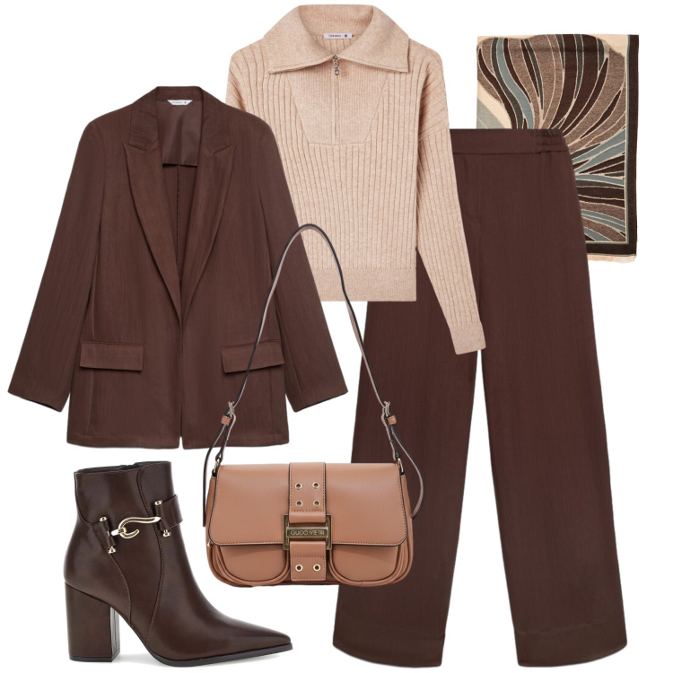 Outfit donna - Sfumature calde. Stile Glamour per Tutti i giorni. Abbinamento con pantaloni, maglieria, blazer, sciarpe, stivaletti, borse a spalla.