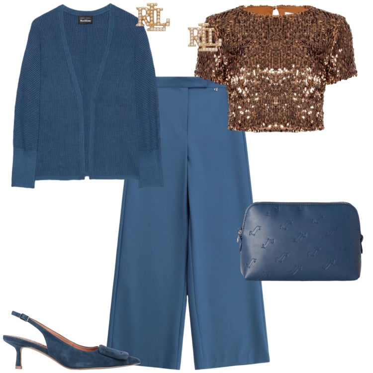 Outfit donna - Chic serata evento. Stile Chic per Serata fuori. Abbinamento con décolleté, top, pochette, pantaloni a palazzo, cardigans, orecchini.