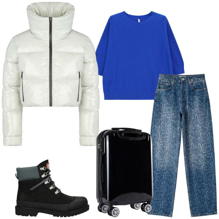 Outfit donna - Total look #2484161. Stile Casual per Tutti i giorni. Abbinamento con stivaletti, jeans dritti, maglieria, valigie, piumini.