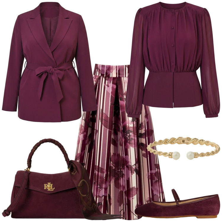 Outfit donna - Invito d'autunno-Matrimonio mattutino. Stile Bon Ton per Cerimonia. Abbinamento con ballerine, borse a mano, braccialetti, bluse, gonne longuette, blazer.