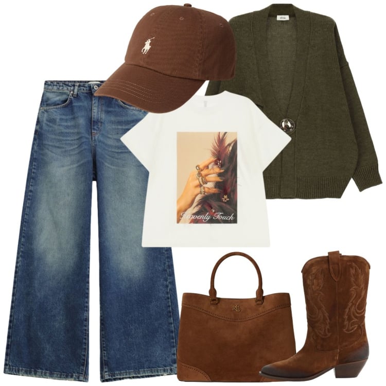Outfit donna - Mattina. Stile Basic per Tutti i giorni. Abbinamento con t-shirt, stivaletti texani, jeans, cardigans, borse a mano, cappelli con visiera.