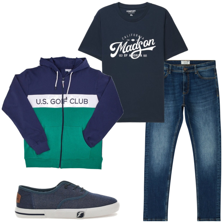Outfit uomo - Total look #2484179. Stile Casual per Tutti i giorni. Abbinamento con jeans skinny, t-shirt, felpe con cappuccio, sneakers.