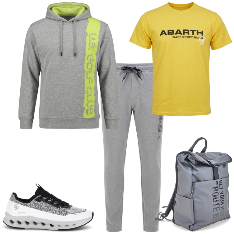 Outfit uomo - Total look #2484180. Stile Trendy per Sport. Abbinamento con pantaloni, borse sportive, felpe con cappuccio, t-shirt, sneakers.