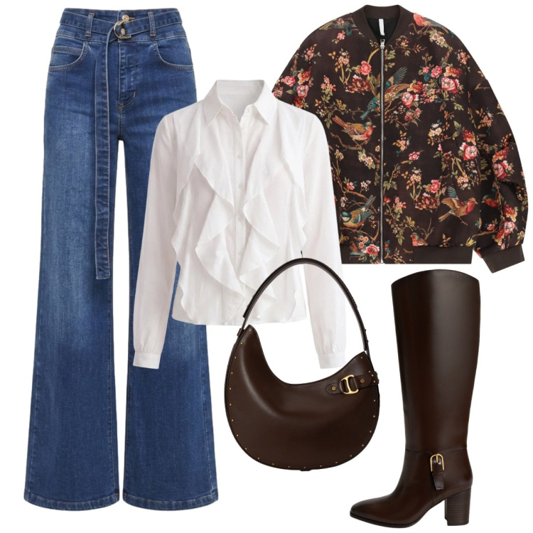 Outfit donna - La giacca fiorata. Stile Basic per Tutti i giorni. Abbinamento con bomber, borse a spalla, stivali, jeans, camicie.
