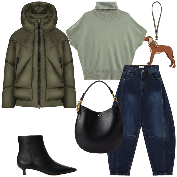 Outfit donna - Total look #2484182. Stile Urban per Tutti i giorni. Abbinamento con t-shirt, pochette, stivaletti, ciondoli, piumini, jeans.