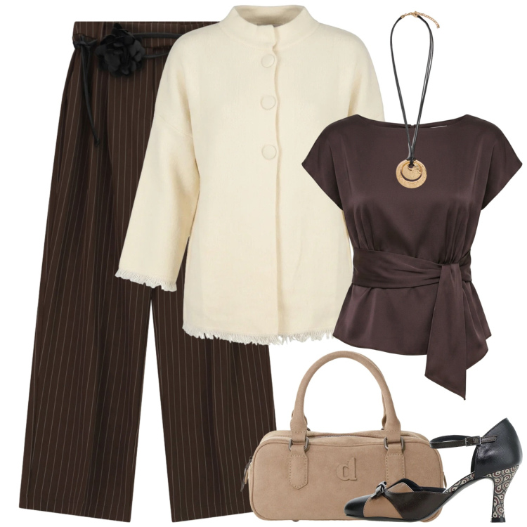 Outfit donna - Il pantalone gessato marrone. Stile Chic per Ufficio. Abbinamento con ciondoli, pantaloni a palazzo, bluse, décolleté, borse a mano, cardigans.