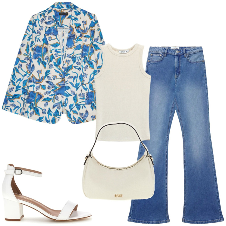 Outfit donna - Total look #2484205. Stile Casual chic per Tutti i giorni. Abbinamento con jeans a zampa, canottiere, blazer, borse a tracolla, sandali col tacco.