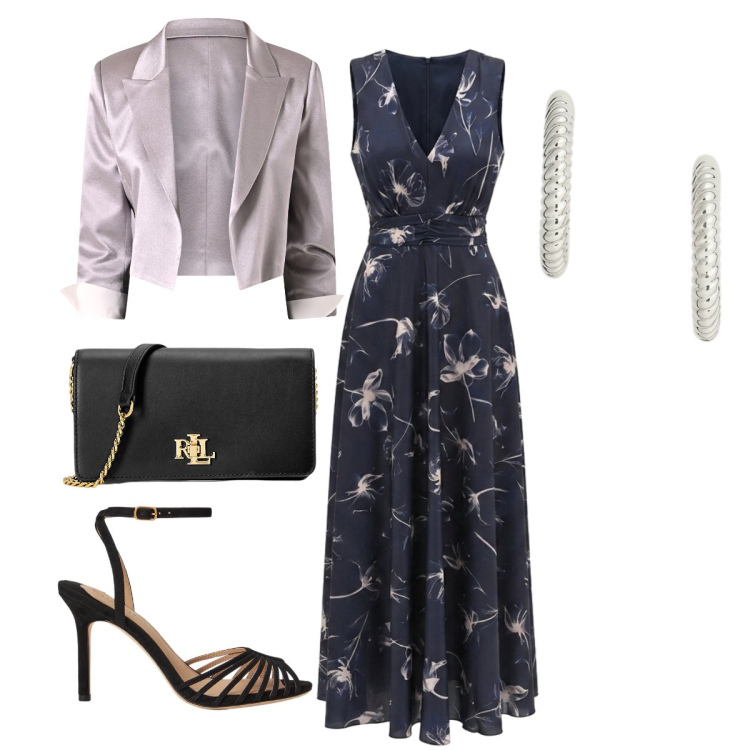 Outfit donna - Matrimonio a Ottobre. Stile Glamour per Cerimonia. Abbinamento con vestiti lunghi, bolero, borse a tracolla, orecchini, sandali col tacco.